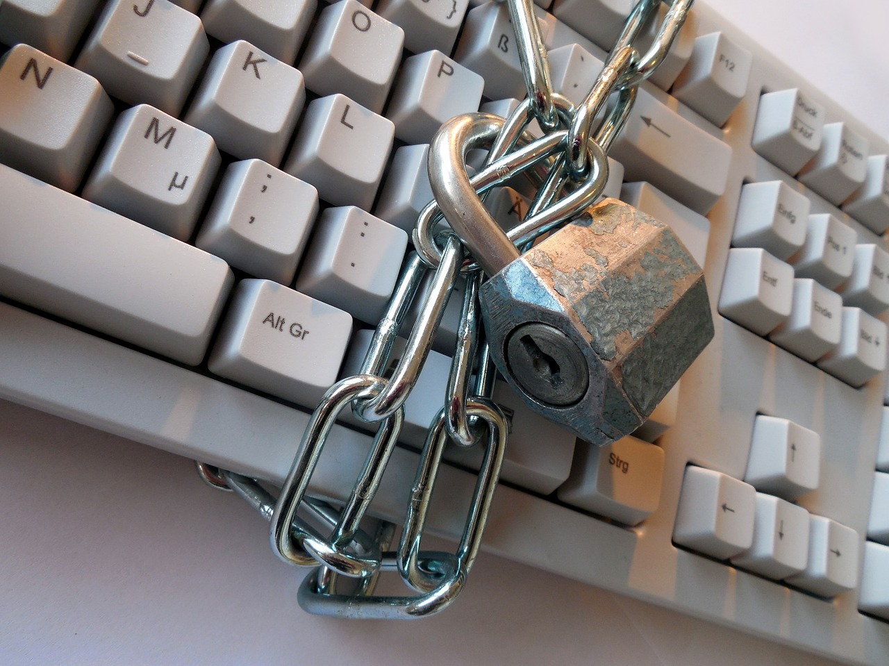 keyboard with padlocked chain around it