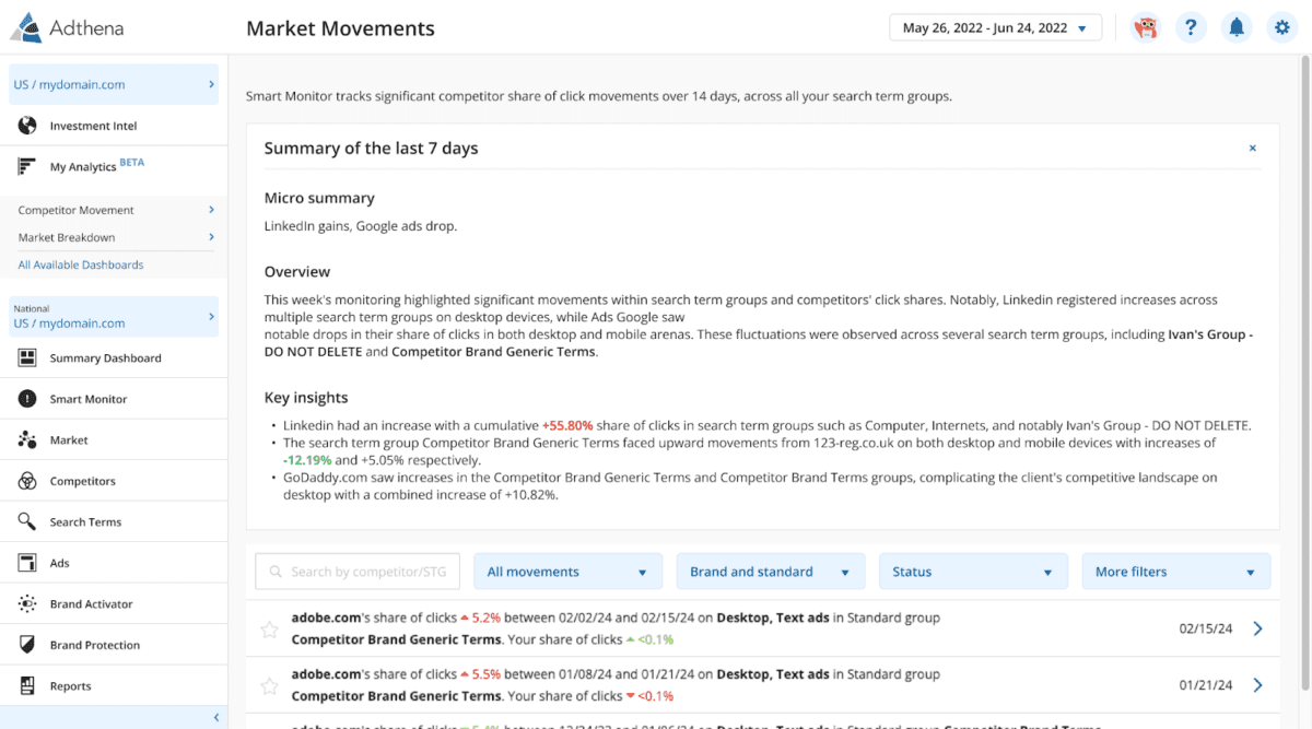 Adthena's new feature: Market Movements AI summary showing an example summary in the platform