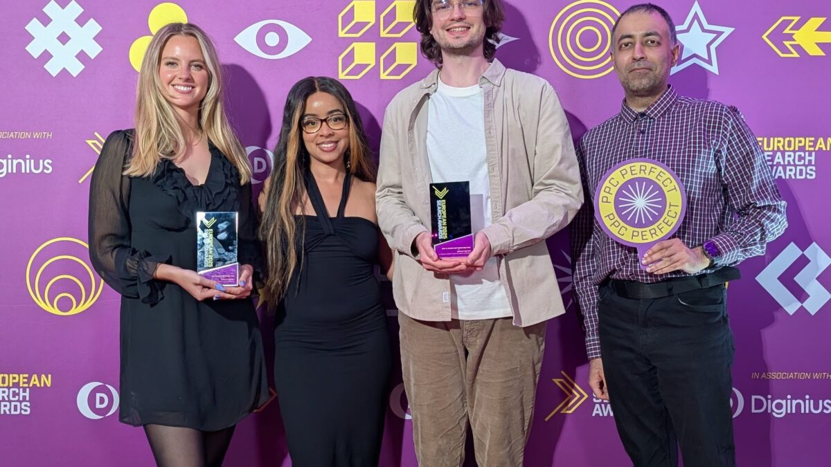 Adthena's team of Anya, Jonell, Matvii, and Rishii celebrate two Ask Arlo wins at the Euro search awards