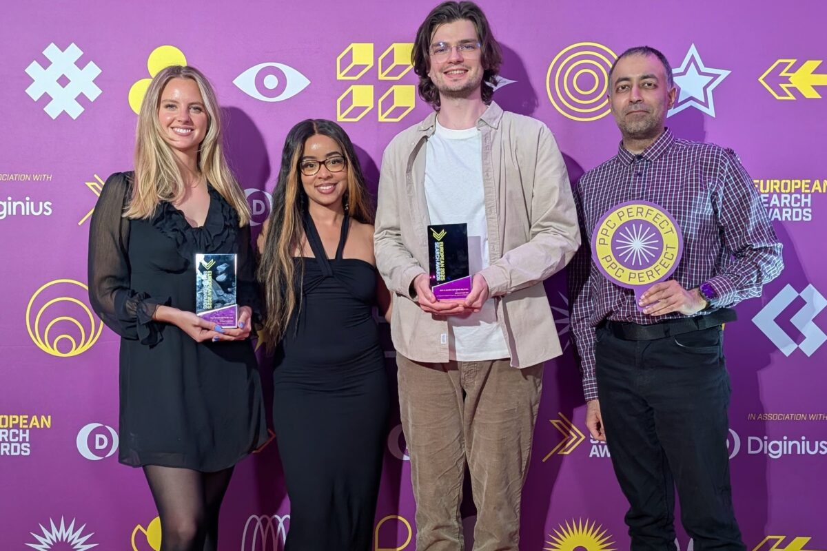 Adthena's team of Anya, Jonell, Matvii, and Rishii celebrate two Ask Arlo wins at the Euro search awards