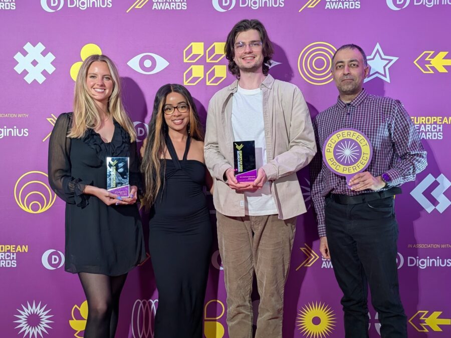 Adthena's team of Anya, Jonell, Matvii, and Rishii celebrate two Ask Arlo wins at the Euro search awards