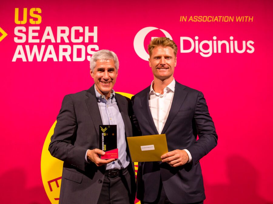 Adthena's Tom Larkin and Phillip Thune celebrating Ask Arlo's win at the US Search Awards