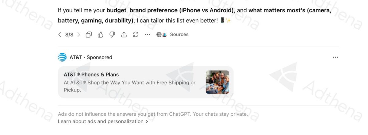 chatgpt ads trial showing an AT&T ad