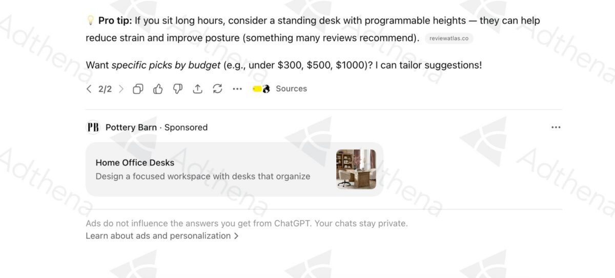 chatgpt ads trial showing a Pottery barn ad