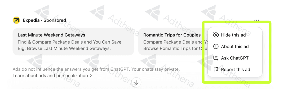 ChatGPT ad comes with a three-dot menu giving users four options