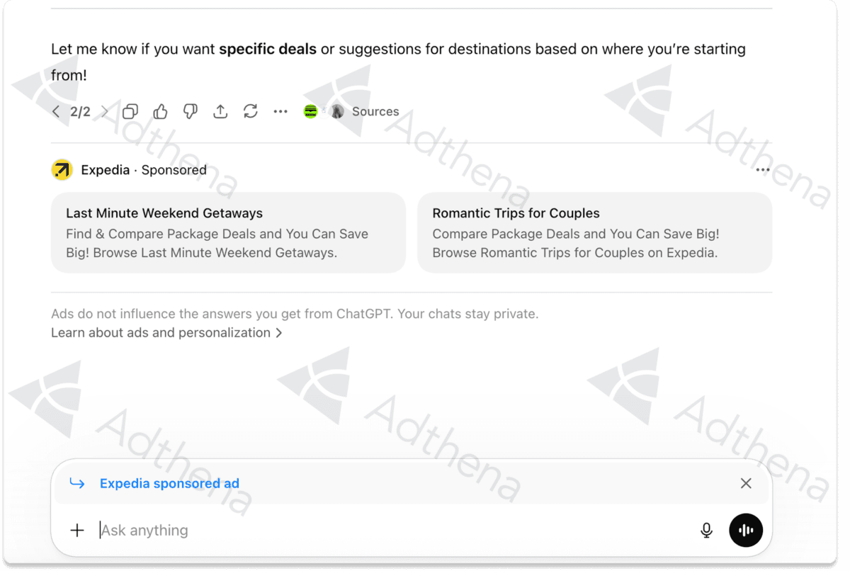 Chatgpt ads trial showing an Expedia ad