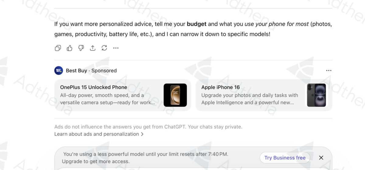 chatgpt ads trial showing best buy and apple