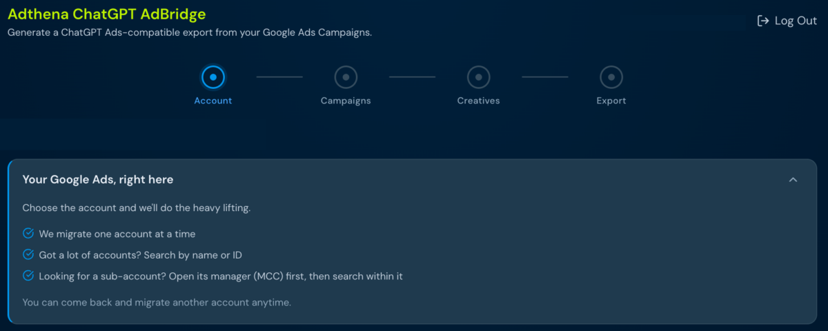 ChatGPT AdBridge Adthena showing how to import Google Ads to ChatGPT Ads