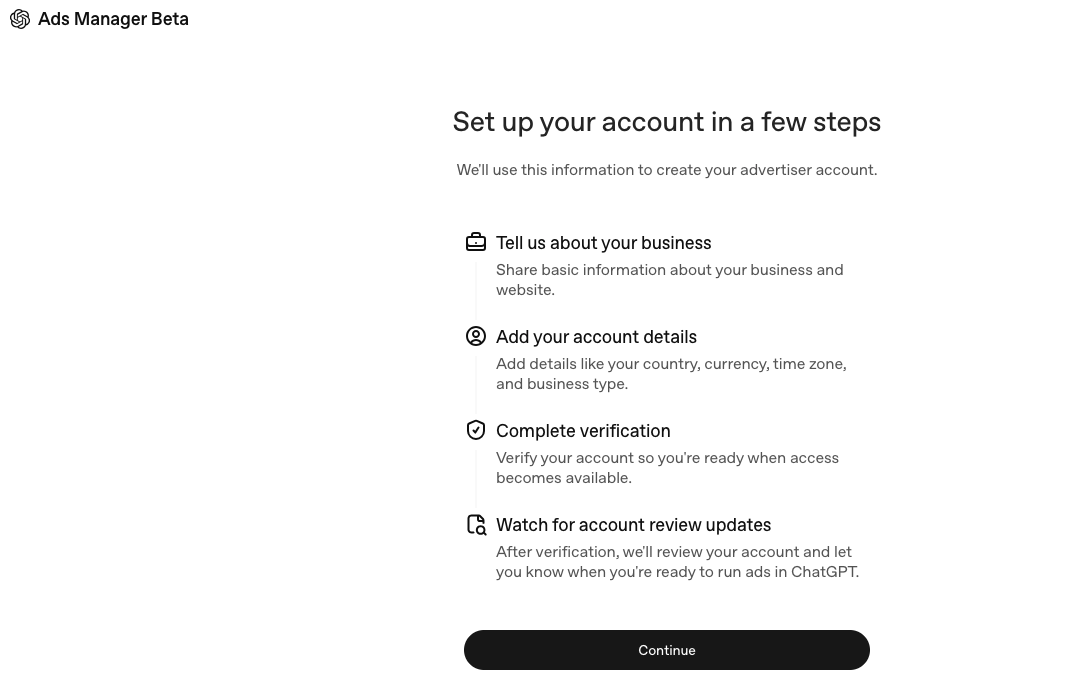 "Set up your account in a few steps" — Ads Manager Beta intro