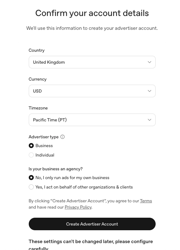 "Confirm your account details" form - country, currency, timezone, advertiser type