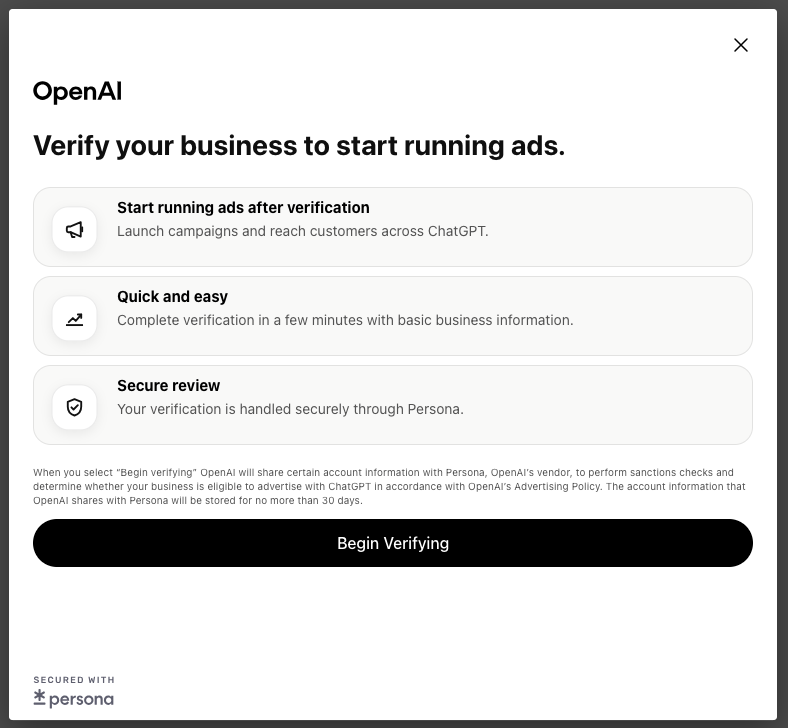 "Verify your business to start running ads" — Persona verification step