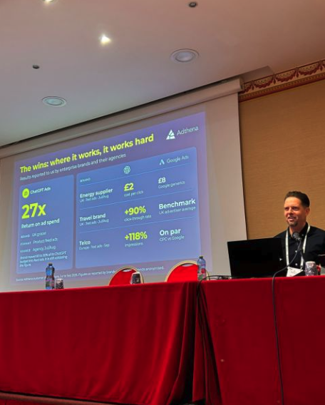 Ashley Fletcher, CMO at Adthena, presenting ChatGPT ads performance data at AdWorld Experience in Bologna.